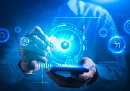 man holding a mobile device, AI floating above it