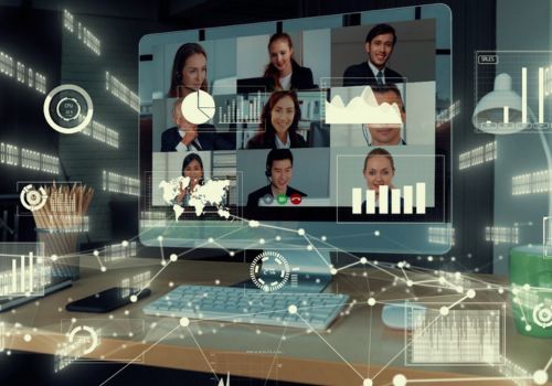 zoom meeting on a laptop with cyber icons and images overlaying it