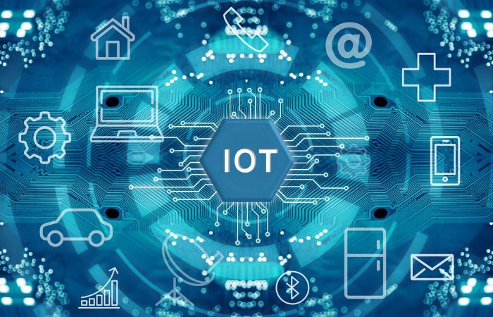 digital image of IoT capable devices scattered on the screen in small icons