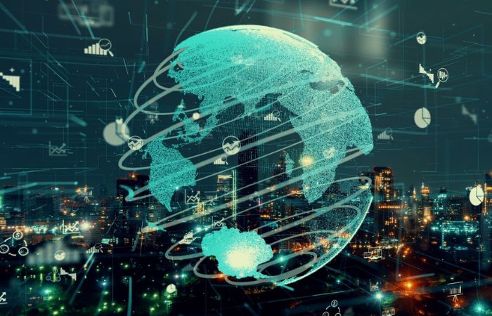 image of a globe spinning around some icon and with a city behind it