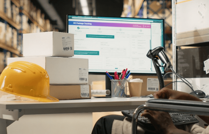 desktop workspace in a warehouse shipping environment