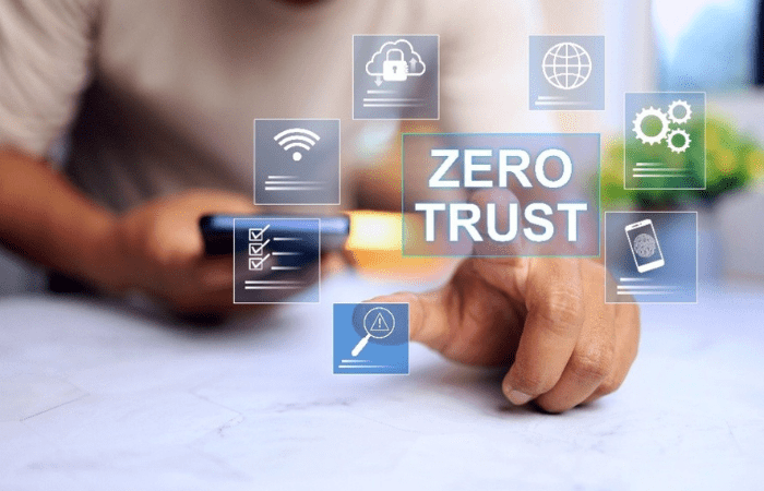 image of a man sitting with zero trust written across the screen