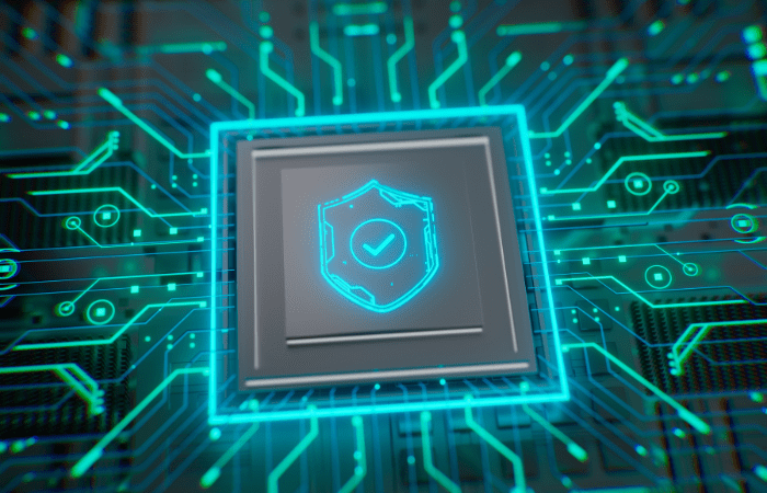 a check mark on a microchip indicating that the network is secure