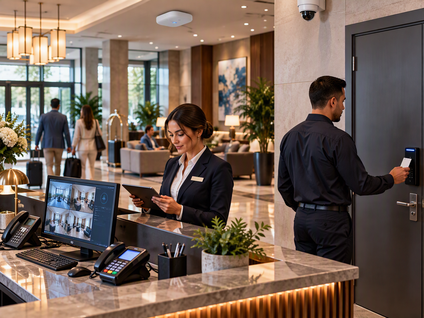 Hospitality IT Services professional hospitality staff member using a tablet at hotel front desk, while other staff member uses secure key card to enter employee access-only door